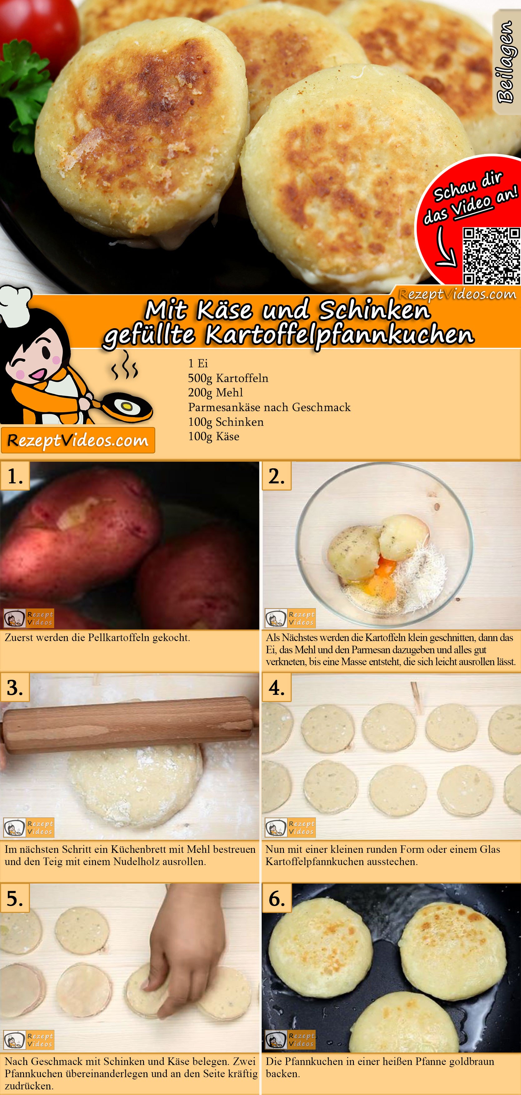 Mit Käse und Schinken gefüllte Kartoffelpfannkuchen Rezept mit Video