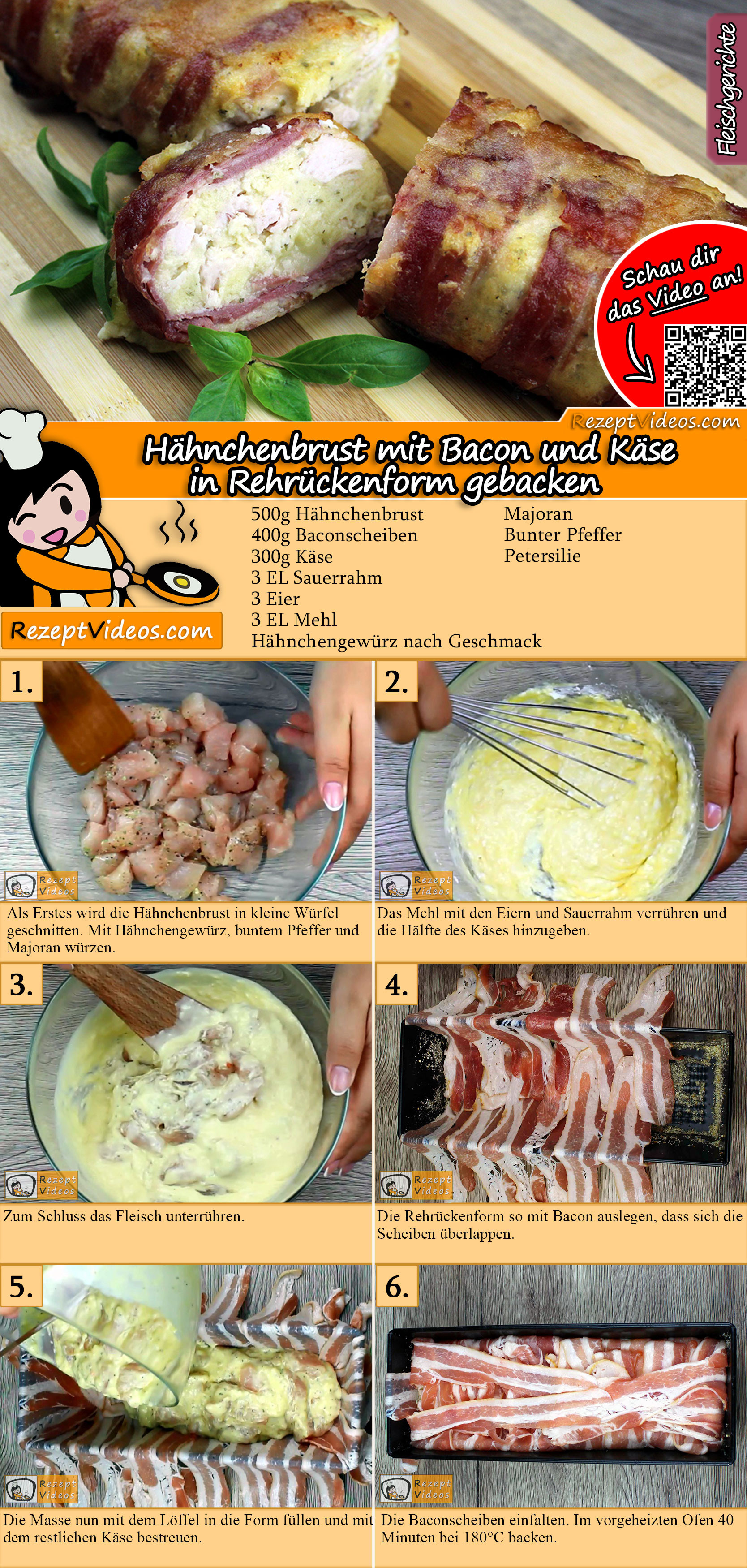 Hähnchenbrust mit Bacon und Käse in Rehrückenform gebacken Rezept mit Video