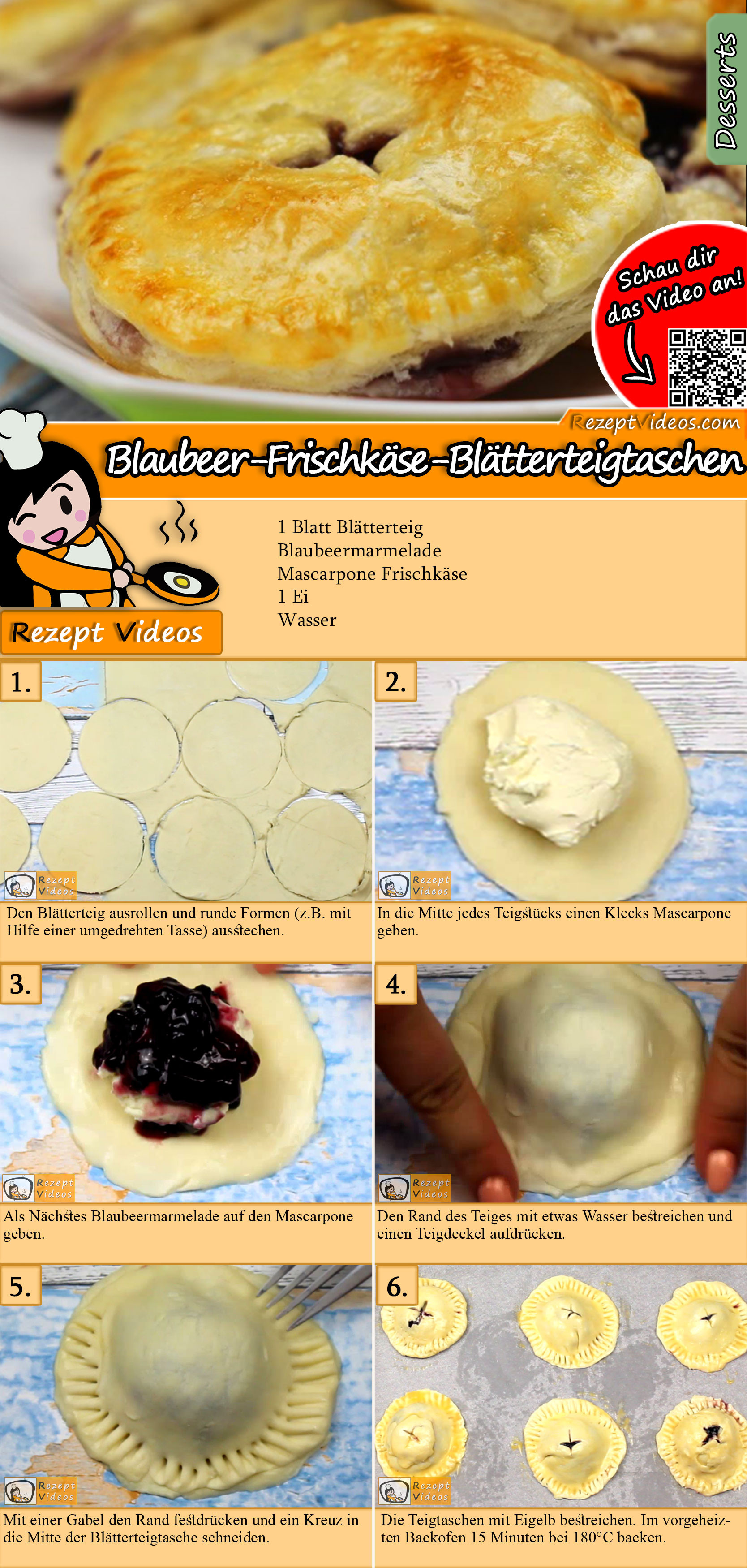 Blaubeer-Frischkäse-Blätterteigtaschen Rezept mit Videos