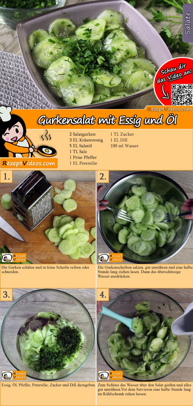 Gurkensalat mit Essig und Öl Rezept mit Video - Salat Rezepte mit Video
